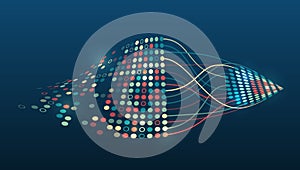 Large data stream on a dark background, glowing lines and circles. Data set analysis and visualization. Abstract business