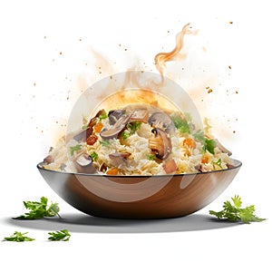 Large delicious juicy smoky pilaf on white background