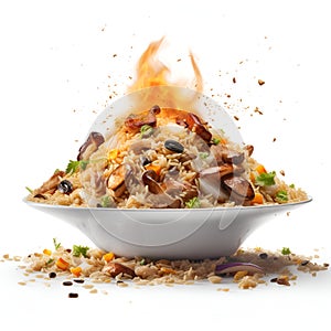 Large delicious juicy smoky pilaf on white background