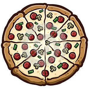 Large deluxe pizza pie cartoon vector illustration