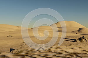 large desert environment with sand dunes, hills and rocks laying arround climate change heat concept 3D Illustration