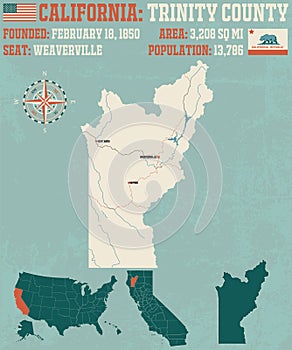 Trinity county map in California.