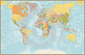 Large detailed vintage color political World Map with lakes and