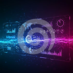 Large digital dashboard display with various data visualizations against a dark