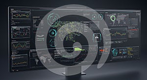 Large digital screen with complex data visualizations. Multiple charts, graphs, and