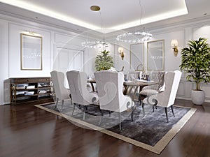 Large dining table for eight people in the dining room classic style, crystal chandeliers above the table. The design of the