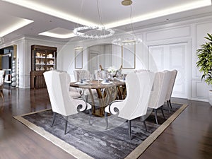 Large dining table for eight people in the dining room classic style, crystal chandeliers above the table. The design of the