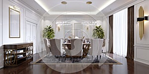 Large dining table for eight people in the dining room classic style, crystal chandeliers above the table. The design of the