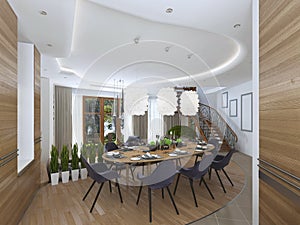 The large dining table in the kitchen area.