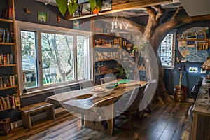 A large dining table made of live edge wood in the center, surrounded by chairs and bookshelves with children's