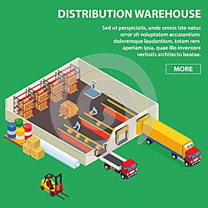 Large distribution warehouse with workers loading or unloading to trucks. Isometric industrial building.