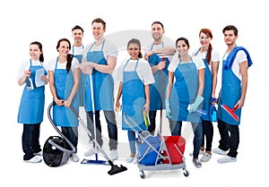 Large diverse group of janitors with equipment
