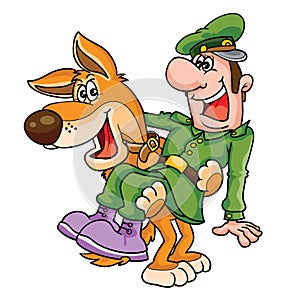 a large dog holds a drunken soldier on its paws, cartoon, isolated object on a white background, vector illustration