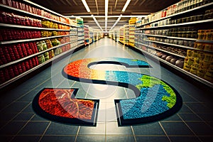 Large dollar sign on floor of empty grocery aisle, Concept for inflation, rising food cost, high prices