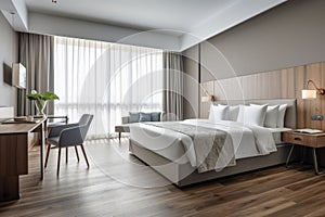 Large double bed in modern hotel room, in light colors