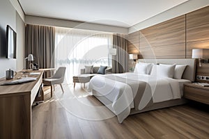 Large double bed in modern hotel room, in light colors