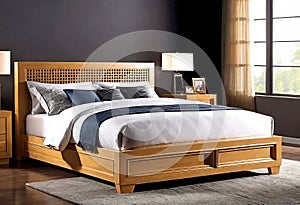 Large double bed in modern style. Modern design of a cozy and calm bedroom in your own home,