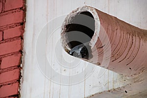 Large drain pipe on the building with ice