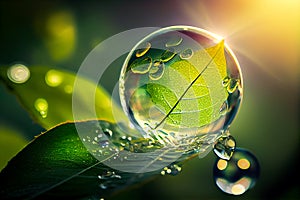 large drop of water on a green leaf. Generative AI, Generative, AI