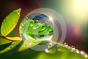 large drop of water on a green leaf. Generative AI, Generative, AI