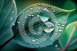 large drop of water on a green leaf. Generative AI, Generative, AI