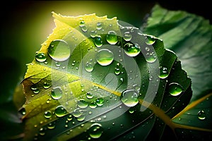 large drop of water on a green leaf. Generative AI, Generative, AI