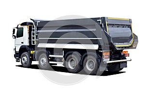 Large dump truck on a white background, rear view