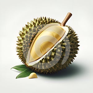 A large durian that is cut open to reveal the beautiful flesh inside with AI generated