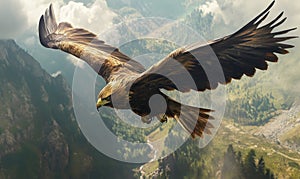 A large eagle is flying over a mountain range