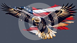A large eagle is flying over a red, white, and blue American flag