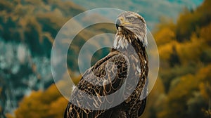 A large eagle is perched on a tree branch in a forest