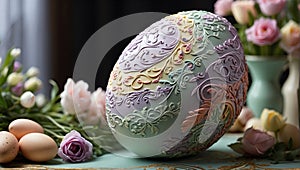 Large Easter egg decorated with swirls of flowers and zigzags of pastel colors