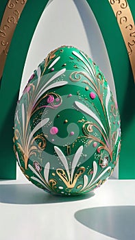 Large Easter egg with designs predominantly green. photo