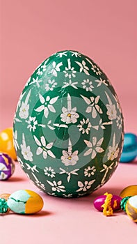 Large Easter egg with predominantly green designs, a little white also appears on a very light pink background.