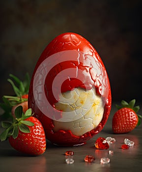 A large egg with a strawberry on top of it. A red egg with a hole in the middle surrounded by strawberries