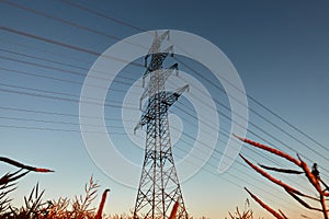 Large electricity pylon against the sky during sunset