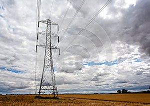 Large electricity pylon with pylons in the distance in a field of corn stubble