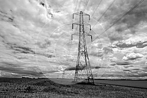 Large electricity pylon with pylons in the distance in a field of corn stubble - black & white