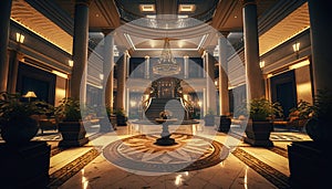 A Large Elegant Luxury Hotel Lobby with Pillars and Plants, Generative AI