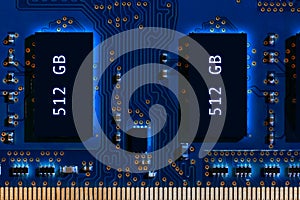 Large elements of an SSD memory storage device for a modern new generation microchip based on nanometer technology, gigabit stream