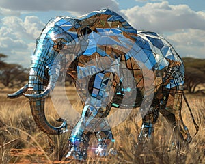 A large elephant made of mirrors is walking through a field