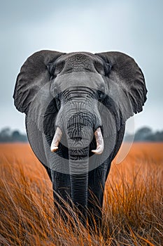 Large elephant with tusks stands in field of tall brown grass. Generative AI