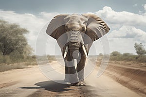 a large elephant walking down a dirt road near trees and bushes