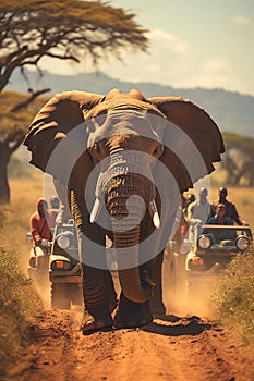 A large elephant walking down a dirt road. Safary in Africa