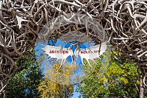 Large elk antler arches curve over Jackson Hole, Wyoming