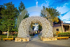 Large elk antler arches curve over Jackson Hole, Wyoming