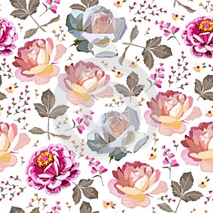 Large embroidered roses and zinnias among small flowers of bells and Potentilla on a white background. Seamless romantic print