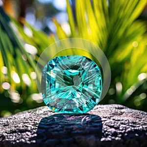 A large emerald cut diamond sitting on a rock, AI