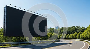 Large empty black billboard beside a winding road with trees and sky