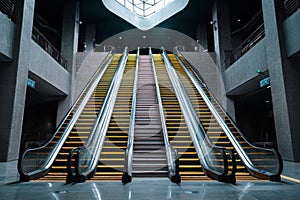 A large, empty, and empty escalator with yellow steps